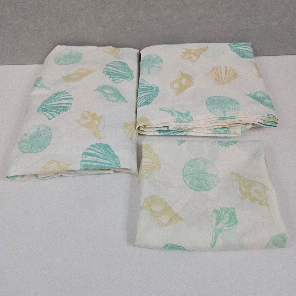 3-pc Twin Size Bed Sheet Set Teal/Sand/White Seashell Pattern